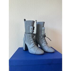 Stuart Weitzman Veruka Booties Gray Leather Lace-Up Block Heel Boots Sz 7